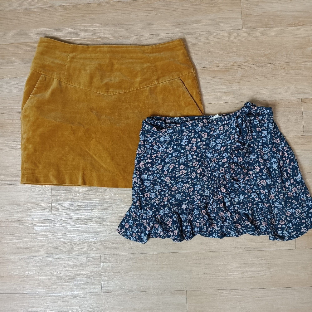 SOLD Lot H&M Velvet Mustard Mini Skirt And Hippie Rose Floral Mini Skirt 10 M - Picture 1 of 7